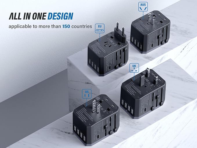EPICKA Universal Travel Adapter, European Travel Plug Adapter (Not a Voltage Converter) - International Power Adapter Worldwide Charger with USB-C & 4 USB-A Ports, Travel Essentials (TA-105, Grey)