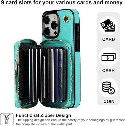 Bocasal Crossbody Wallet Case for iPhone 15 Pro Max, RFID Blocking Leather Purse Case with Card Holder, Protective Handbag Flip Cover with Zipper Wrist Strap Lanyard for Women 5G 6.7 Inch (Mint Green)