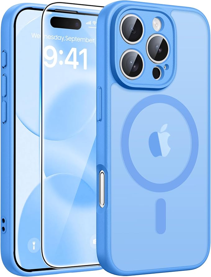 FNTCASE for iPhone 16 Pro Max Case, Fit for Magsafe, Glass Screen Protector | Full Camera Protection, Translucent Matte, 14FT Military Grade Drop Proof, Shockproof Protective Phone Cover, Ice Blue