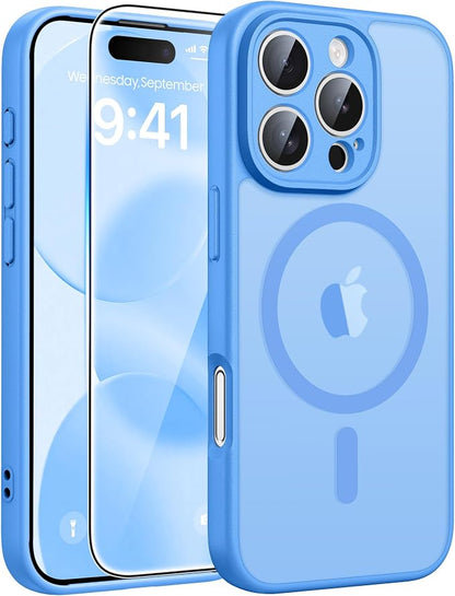 FNTCASE for iPhone 16 Pro Max Case, Fit for Magsafe, Glass Screen Protector | Full Camera Protection, Translucent Matte, 14FT Military Grade Drop Proof, Shockproof Protective Phone Cover, Ice Blue