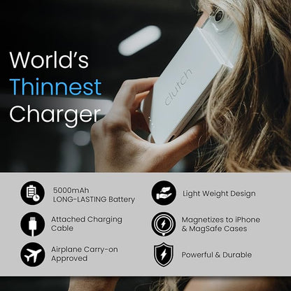 Clutch Pro – World's Thinnest iPhone Charger – Portable Power Bank 5000mAh – Magnetic Built-in Lightning Cable – TSA Approved Travel Charger – iPhone 14 & Earlier – White