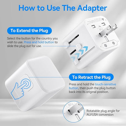 Universal Travel Adapter, 30W European Travel Plug Adapter with 2 USB-C PD & 1 USB-A Ports, International Power Adapter Fast Charging with 70in Power Cord for USA EU UK AUS