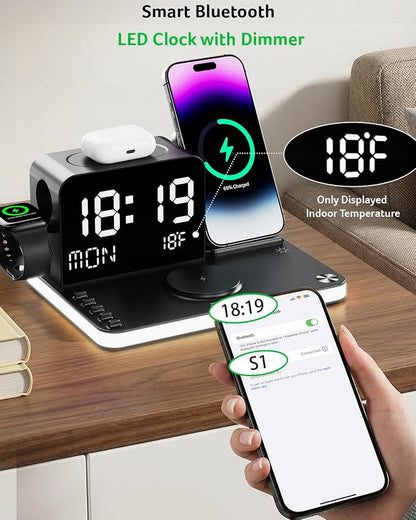 acer 7-in-1 Wireless Charging Station: Charger Stand for Multiple Devices for Apple - iPhone 16 15 14 13 12 Pro Max Apple Watch Airpods, Wireless Charger iPhone Charging Station with Bluetooth TimeSyn