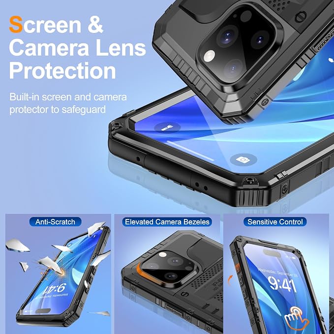 Mitywah Wateproof Case for iPhone 15 Pro Max, Heavy Duty Metal Cover for Swimming and Outdoor Adventures, Military Grade Shockproof Full Body Phone Case with Built-in Screen Protector, 6.7", Black