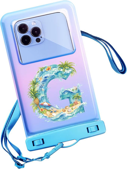Personalized Initial Waterproof Phone Pouch Case - IPX8 Cellphone Dry Bag with Lanyard for iPhone 16/15/14/13/12 Pro Max (6.1–6.9"), Beach & Cruise Ship Essentials with Monogrammed Design (Blue, G)