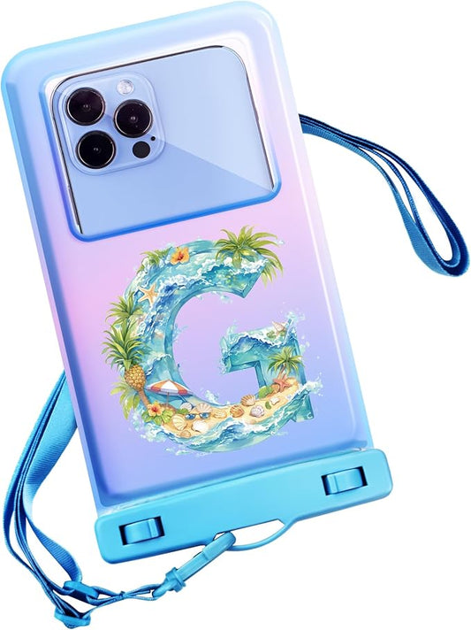Personalized Initial Waterproof Phone Pouch Case - IPX8 Cellphone Dry Bag with Lanyard for iPhone 16/15/14/13/12 Pro Max (6.1–6.9"), Beach & Cruise Ship Essentials with Monogrammed Design (Blue, G)
