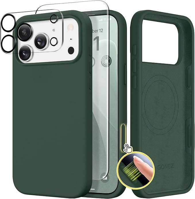 GONEZ Magnetic for iPhone 17 Pro Max Case, Compatible with MagSafe, [Screen Protector + Camera Lens Protector], Liquid Silicone Anti-Scratch Shockproof Protective Phone Case 6.9 inch, Army Green