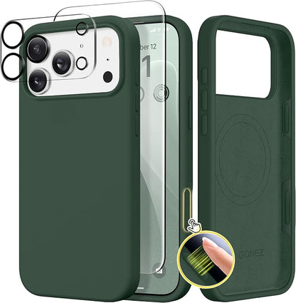 GONEZ Magnetic for iPhone 17 Pro Max Case, Compatible with MagSafe, [Screen Protector + Camera Lens Protector], Liquid Silicone Anti-Scratch Shockproof Protective Phone Case 6.9 inch, Army Green