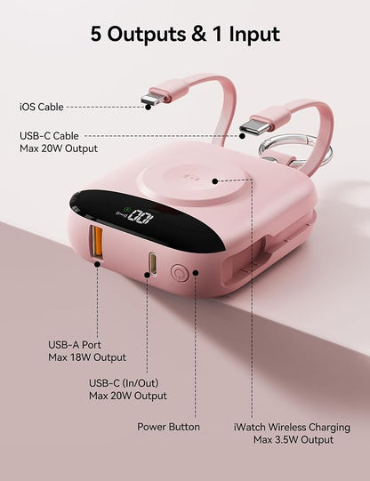 Portable Charger Power Bank, 10000mAh Fast Charging Power Bank with Built-in Cables, Travel Keychain Battery Pack with LED Display for iPhone Samsung Android iPad iWatch Charger 11/10/9/8/Ultra,Pink