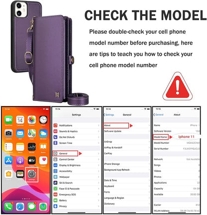 for Wallet Case Compatible with iPhone 11,Multi-Function Detachable 3 in 1 Magnetic iPhone 11 Case Wallet,Flip Strap Zipper Card Holder Phone Case with Shoulder Straps (Pruple)