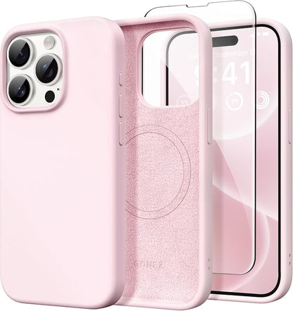 GONEZ Magnetic for iPhone 15 Pro Case, Compatible with MagSafe, [Screen Protector + Camera Lens Protector], Silicone Shockproof Anti-Scratch Protective Phone Case 6.1 inch, Chalk Pink