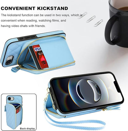 Bocasal Crossbody Wallet Case for iPhone 17e/16e, RFID Blocking PU Leather Zipper Handbag Purse Flip Cover, Kickstand Folio Case with Card Slots Holder Wrist Strap Lanyard 6.1 Inch 5G (Blue)