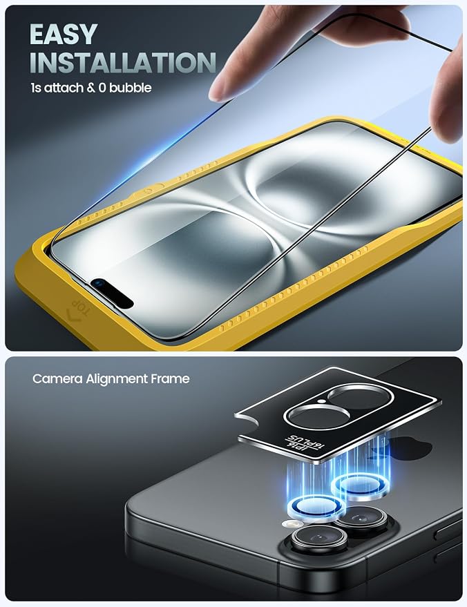 Lamicall 2+2 for iPhone 16 Screen Protector (6.1") with Camera Lens Protector, [Top 9H Tempered Glass Film], Easy Alignment Tool, Anti-Scratch, 0 Bubbles, HD Clear for iPhone 16 - [2-Pack Each]