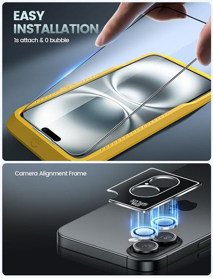 Lamicall 2+2 for iPhone 16 Screen Protector (6.1") with Camera Lens Protector, [Top 9H Tempered Glass Film], Easy Alignment Tool, Anti-Scratch, 0 Bubbles, HD Clear for iPhone 16 - [2-Pack Each]