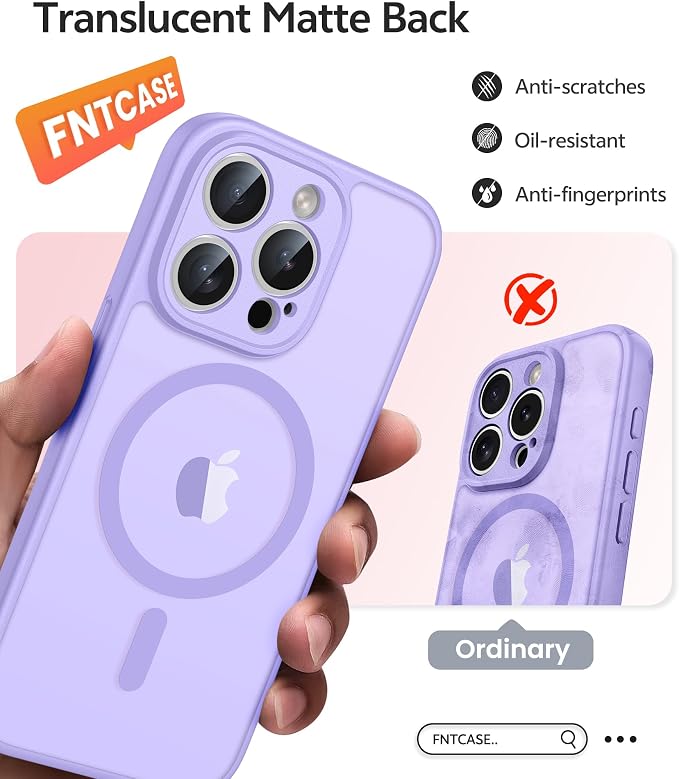 FNTCASE for iPhone 15 Pro Max Case: [Compatible with Magsafe] Translucent Matte Cases with [Full Camera Protection] [Screen Protector] Military Grade Shockproof Protective Phone Cover - Light Purple
