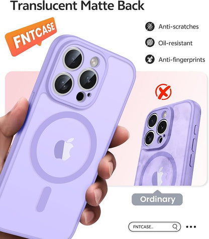 FNTCASE for iPhone 15 Pro Max Case: [Compatible with Magsafe] Translucent Matte Cases with [Full Camera Protection] [Screen Protector] Military Grade Shockproof Protective Phone Cover - Light Purple