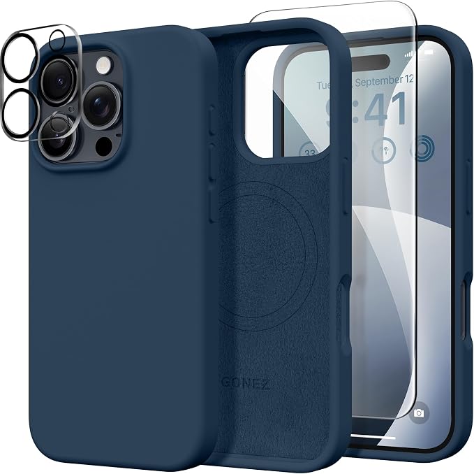 GONEZ Magnetic for iPhone 16 Pro Max Case, Compatible with MagSafe, Liquid Silicone Case, with Screen Protector + Camera Protector, Full Body Protective Shockproof Phone Cover 6.9", Dark Blue