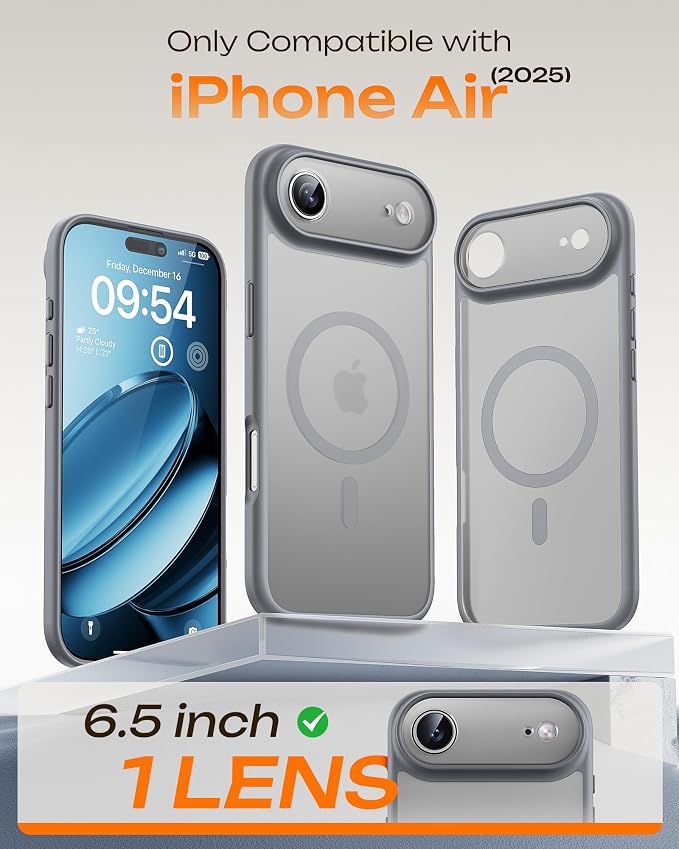 TOCOL for iPhone Air Case, Compatible with Magsafe Charger, Full Camera Protection, Drop Protection, Translucent Matte Phone Case for iPhone 17 Air 6.5 inch (Gray)