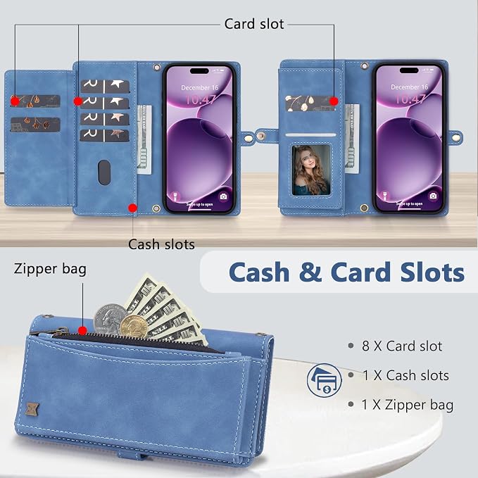 Wallet Case for iPhone 16 Plus with Card Holder/Crossbody Wallet/Strap| RFID Blocking | Magnetic | Kickstand | Detachable | PU Leather Phone Case for iPhone 16 Plus,6.7 in,Sky Blue
