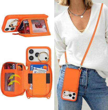 Crossbody Wallet Case for iPhone 17 Pro, PU Leather Zipper Handbag Purse Flip Cover, Kickstand Folio Case with Card Slots Holder Wrist Strap Lanyard 5G 6.3 Inch-Orange