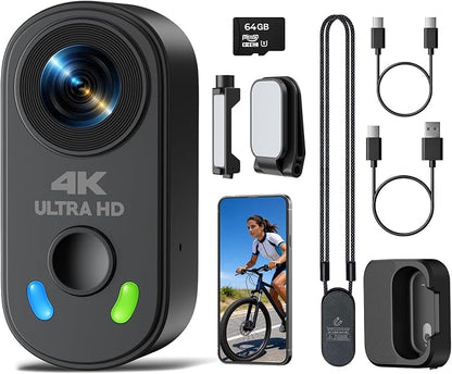 4K Mini Body Camera, Thumb Size POV Cam Action Camera with WiFi, EIS Stabilization, Magnetic Mount, 64GB Storage, Charging Case, Hands-Free Recording for Content Creator TikTok YouTube Vlogging