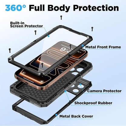 Beasyjoy for iPhone 17 Pro Max Case Waterproof, Heavy Duty Metal Case with Built-in Screen Protector, Full Body Rugged Military Grade Shockproof Dustproof Cover for Construction Outdoor 6.9", Black