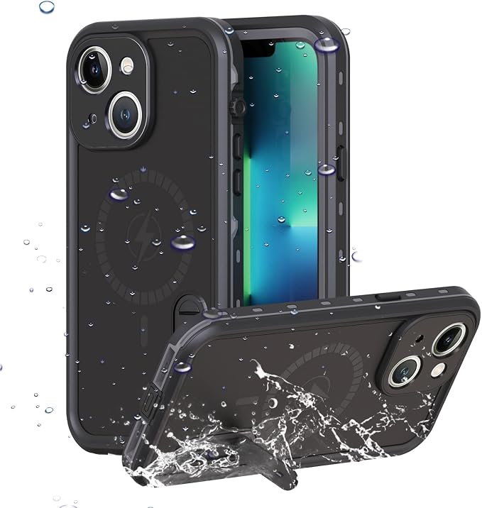 Omio for iPhone 13 Waterproof Case Compatible with MagSafe, Magnetic Full Body IP68 Shell with Built-in Screen Protector Military Grade Shockproof Cover with Stand for Men Women Black
