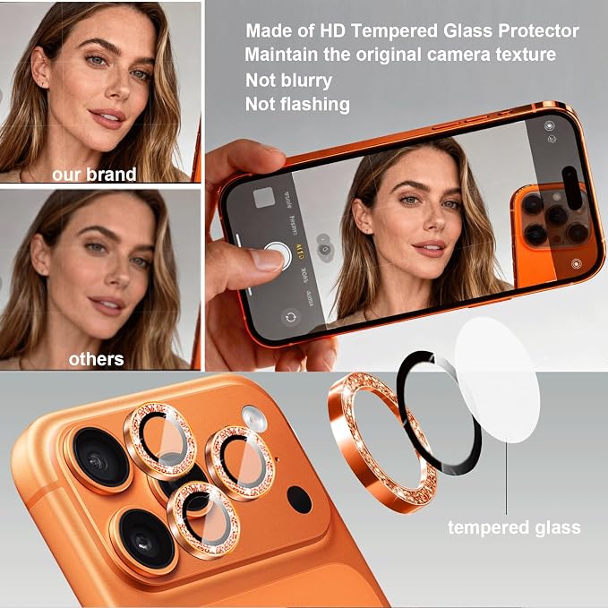Compatible for iPhone 17/17 Pro/iPhone 17 Pro Max Camera Lens Protector Bling, Cute Sparkle Glitter Camera Cover for Women, Individual Ring, Anti-Scratch (3 Protectors + 1 Extra), Orange