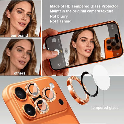 Compatible for iPhone 17/17 Pro/iPhone 17 Pro Max Camera Lens Protector Bling, Cute Sparkle Glitter Camera Cover for Women, Individual Ring, Anti-Scratch (3 Protectors + 1 Extra), Orange