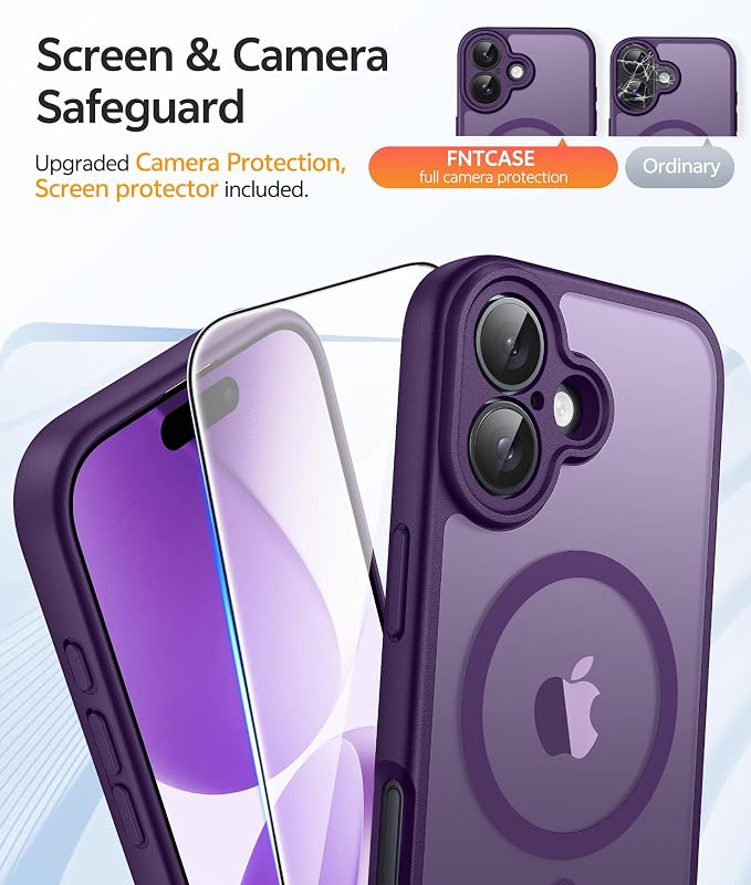 FNTCASE for iPhone 17 Case: [Compatible with Magsafe] Translucent Matte Cases with [Full Camera Protection] [Screen Protector] Military Grade Shockproof Protective Phone Cover - Purple