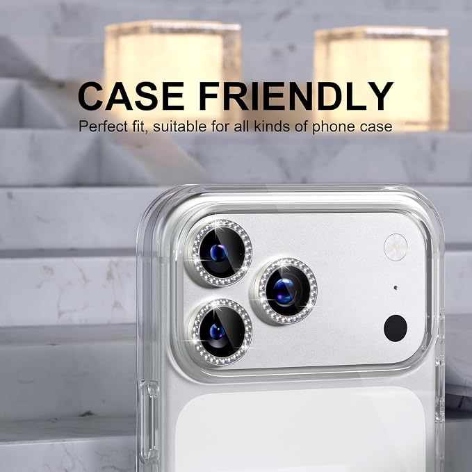 Choiche Compatible for iPhone 17 Pro/iPhone 17 Pro Max Camera Lens Protector Bling, 9H Tempered Glass Camera Cover Screen Protector Metal Ring Decoration Accessories (Diamond-Titanium Natural)
