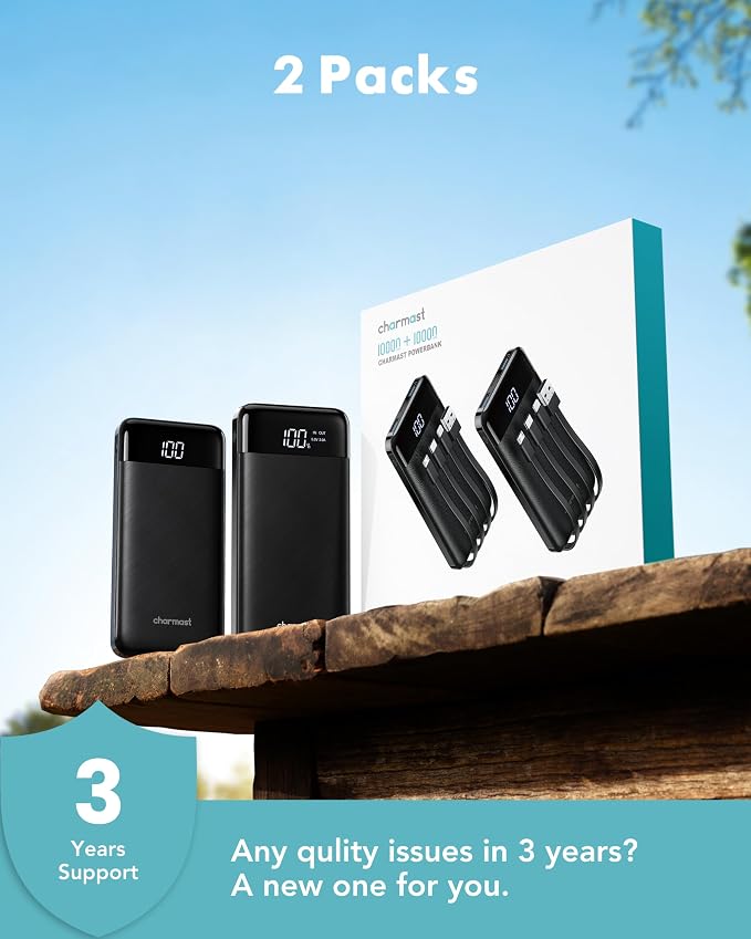 charmast 2 Pack 10000mAh Portable Charger, Power Bank with Built-in 4 Cables, 6 Outputs & 3 Inputs, Battery Pack with Digital Display, Travel Essential for iPhone All Series & Android, Family Sharing