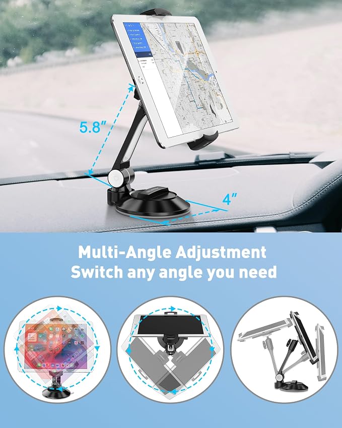 AboveTEK iPad Suction Mount, Phone Tablet Stand Holder with Suction Cup Fits 4"-11" Tablet/Phone/iPad mini/Air, Sticky iPads Mount on Window Bathroom Mirror, for Car Truck Windshield Boat (Black)
