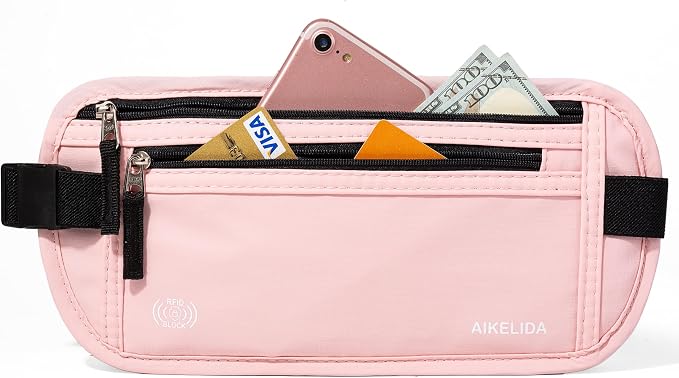 Money Belt - Slim Passport Holder RFID Blocking Travel Wallet Undercover Fanny Packs for Men Women - Pink