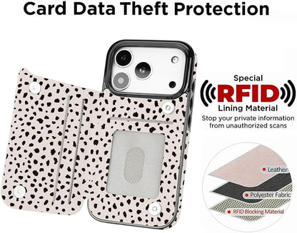 uCOLOR for iPhone 17 Pro Wallet Case with Card Holder PU Leather RFID Blocking Design iPhone 17 Pro flip case for Women Men Magnetic Clasp Kickstand Design 6.3 inch (Almond Latte Polka Dot)