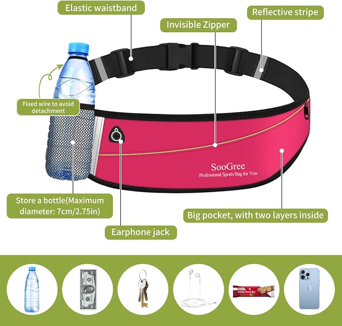 SooGree Slim Running Belt Fanny Packs for Women Men,Water Bottle Holder Hydration Fanny Pouch,Waterproof Sport Waist Pack with Reflective Strip,Runner Belt Bag for Running Cycling Camping Gym (Pink)