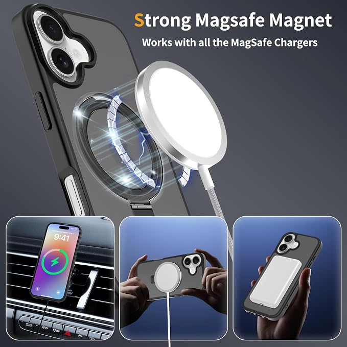 Ultra-Magnetic Stand for iPhone 17 Case [Military Drop Protection] [Compatible with MagSafe] Shockproof Translucent Matte Slim Ring Holder Case for iPhone 17 (Black)