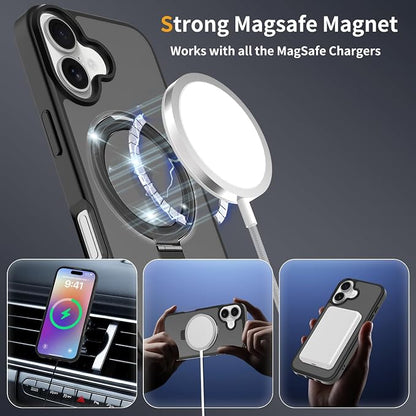 Ultra-Magnetic Stand for iPhone 17 Case [Military Drop Protection] [Compatible with MagSafe] Shockproof Translucent Matte Slim Ring Holder Case for iPhone 17 (Black)