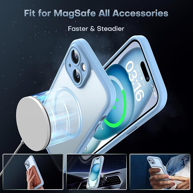 TOCOL Magnetic for iPhone 15 Case, Upgraded Full Camera Protection, Compatible with Magsafe, Drop Protection, Translucent Matte Back Bumper Phone Cover 6.1-Inch (Light Blue)