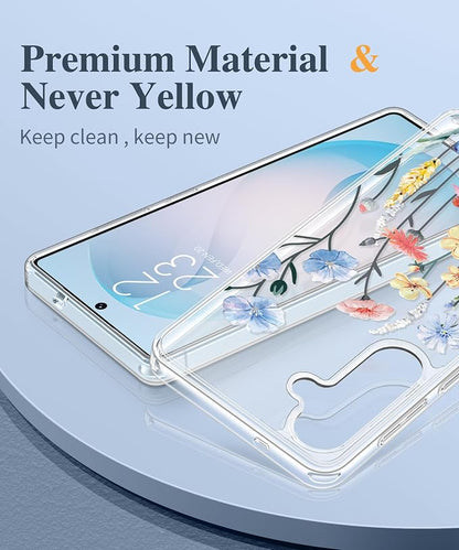 GVIEWIN for Samsung Galaxy S26 Plus Case, Clear Floral Slim Shockproof Protective Women Phone Case, Non-Yellowing, with Screen Protector&Camera Lens Protector for S26 Plus 6.7", Aconite/Light Blue