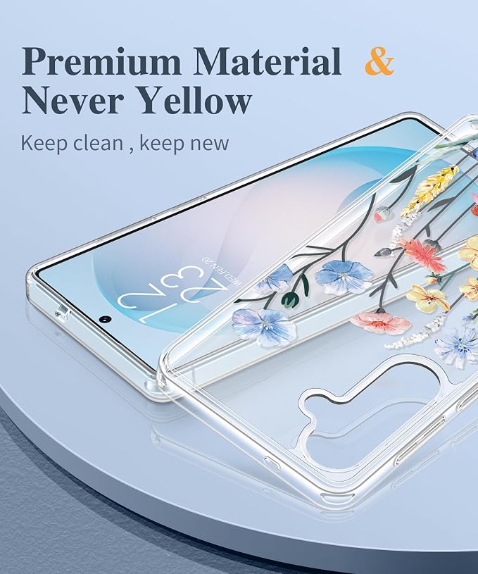 GVIEWIN for Samsung Galaxy S26 Case, Clear Floral Slim Shockproof Protective Women Phone Case, Non-Yellowing, with Screen Protector & Camera Lens Protector for Galaxy S26 6.3", Aconite/Light Blue
