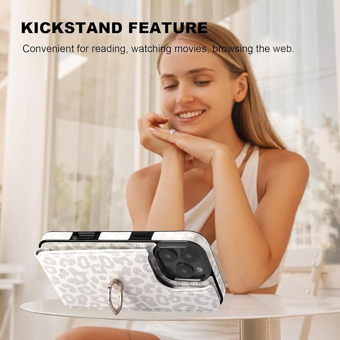 HAOPINSH for iPhone 16 Pro Max Wallet Case with Card Holder, 360°Rotation Ring Kickstand, White Leopard Pattern, RFID Blocking Leather for Girls Women, Double Buttons Protective Cover 6.9"