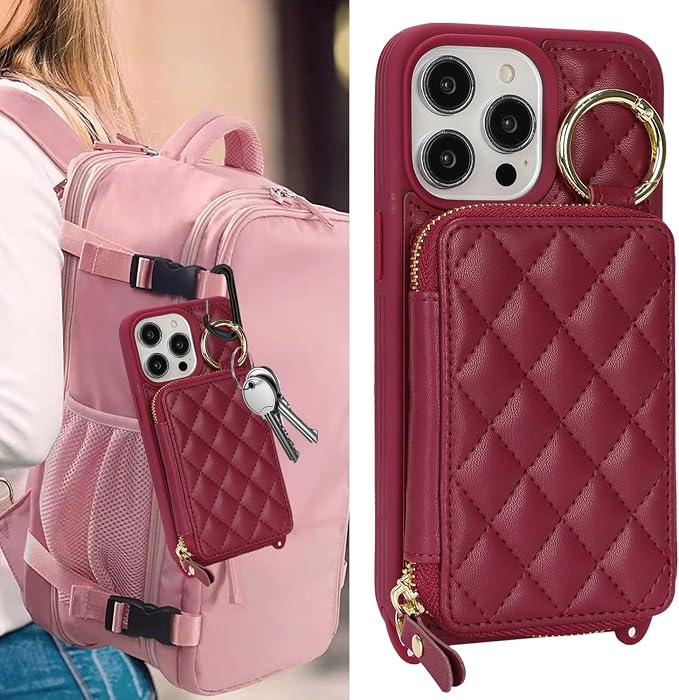 Crossbody Wallet Case for iPhone 14 Pro Max, PU Leather Zipper Handbag Purse Flip Cover, Kickstand Folio Case with Card Slots Holder Wrist Strap Lanyard 5G 6.7 Inch-Dark red