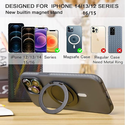 Ganinno R Stand Magnetic Ring Holder for iPhone 12 13 14 15 16 Pro max Series, Ultra-Thin Aluminum Compatible with MagSafe Cases, Removable Grip Base for PopSocket Stand (Matte Black)