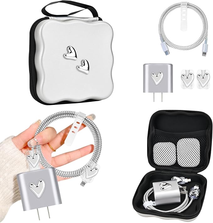 CameCosy DIY Phone Charger Storage Case Cover Sets for iPhone with Cable Protector Earphone Wire Saver, Unique Travel Storage Bag, Cute Cable Charger Protector Cord Organizer (Silver Heart)