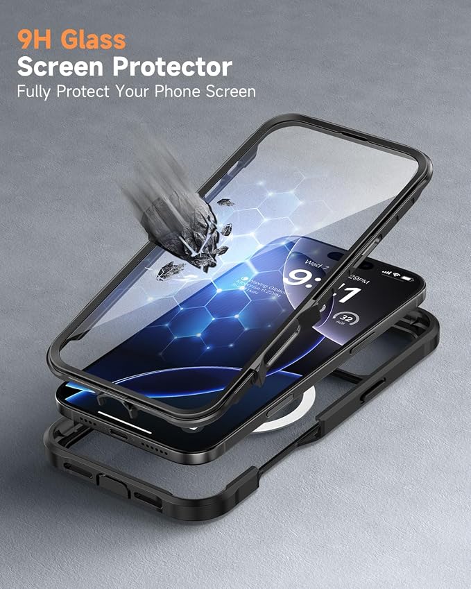 seacosmo for iPhone 16 Pro Max Case, Full Body Bumper with Built-in 9H Tempered Glass Screen and Camera Lens Protector, Compatible with MagSafe, Shockproof 16 Pro Max Phone Case, 6.9", Black