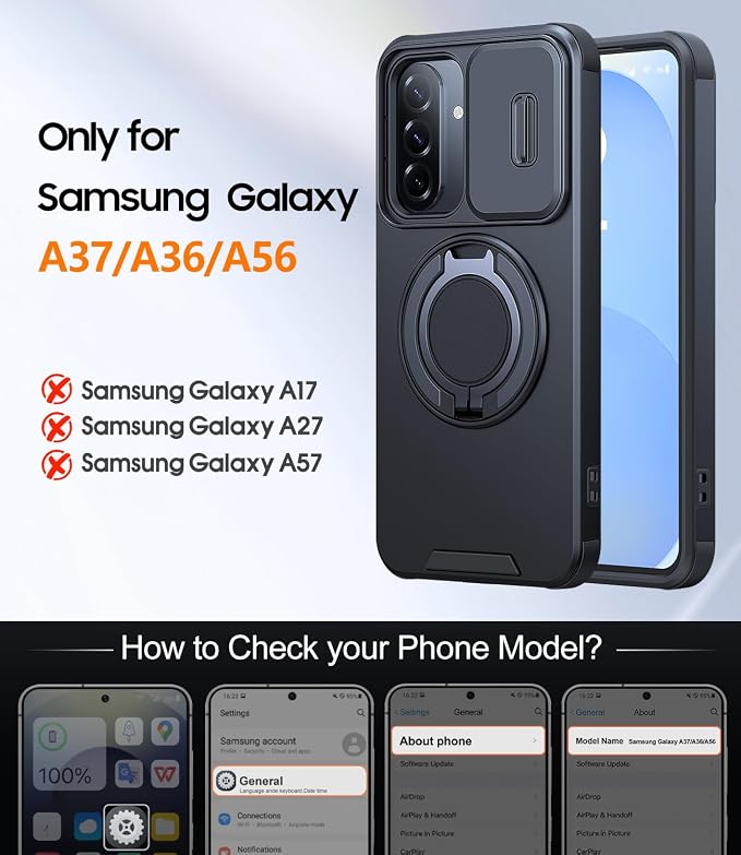 JAME for Samsung Galaxy A37/A36/A56 5G Case, Ring Holder Stand Kickstand, Slide Camera Cover, 2 Screen Protectors, Dual-Layer Shockproof Protective, Magnetic Accessory Friendly Phone Case, Black