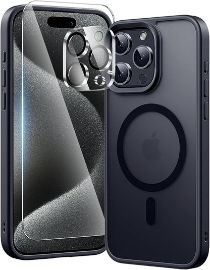 3 in 1 for iPhone 15 Pro Case with MagSafe, Screen Protector*1 Camera Lens Protector*1,Skin Feeling Back Cover Military-Grade Protection for iPhone 15 Pro Phone Case 6.1 inch Matte Black