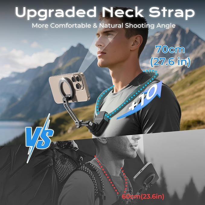 【2026 Extended Long】 Magnetic Neck Mount for Phones, 27.6" Hands-Free POV/Vlog Phone Holder for iPhone 17–12 & Android, Content Creator Essentials for Go Pro DJI, Comfortable Natural Shooting Angle