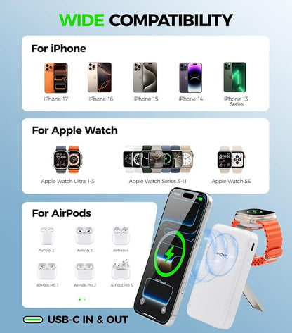 Magnetic Portable Charger,10000mAh MagSafe Power Bank Fast Charging with Stand,3 in 1 Travel Essential Wireless Charger Station for iPhone 17/16/15/14/13/12,Apple Watch,Airpods,White